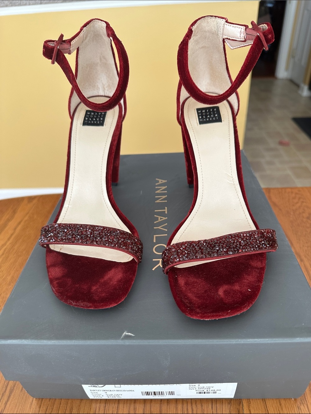 White House black market Burgundy Velvet Crystal-Strap Ankle-Heels